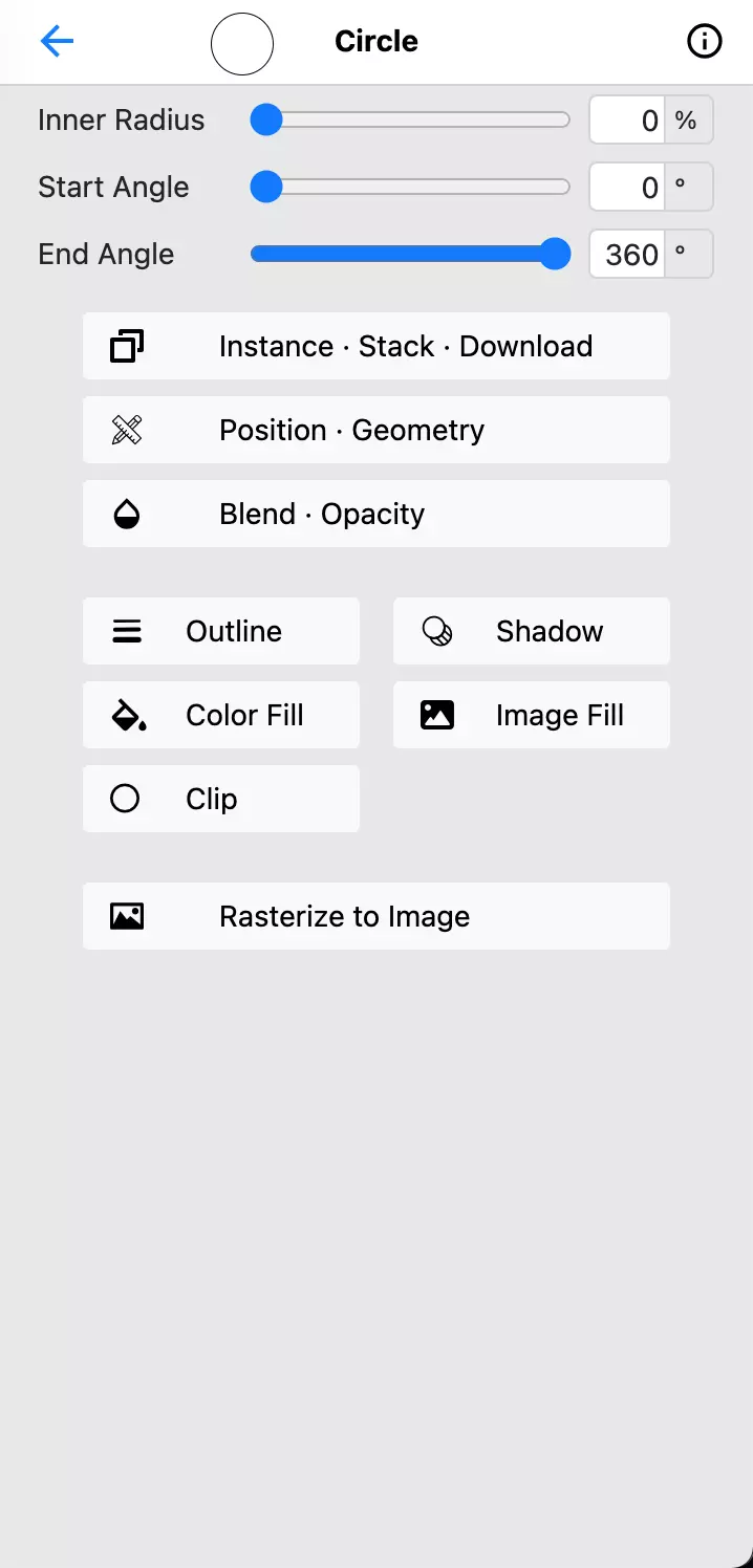 screeshot for (circle) shape context action panel